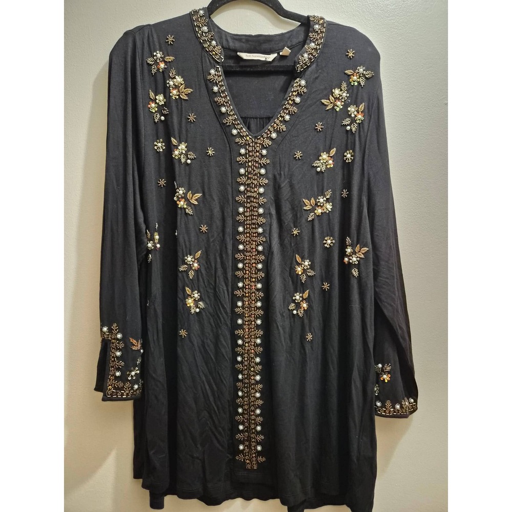 Soft Surroundings Black Beaded Tunic Top Long Sleeve Pearl Sequin Floral Knit